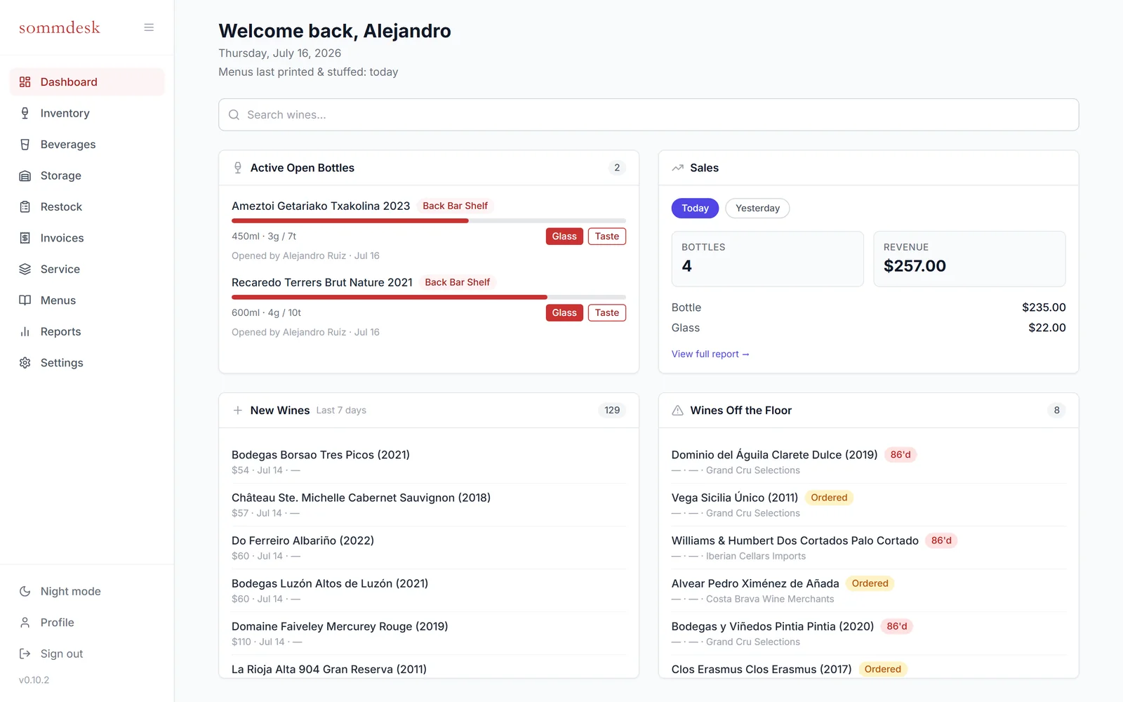 sommdesk dashboard showing active open bottles, sales, and new wines