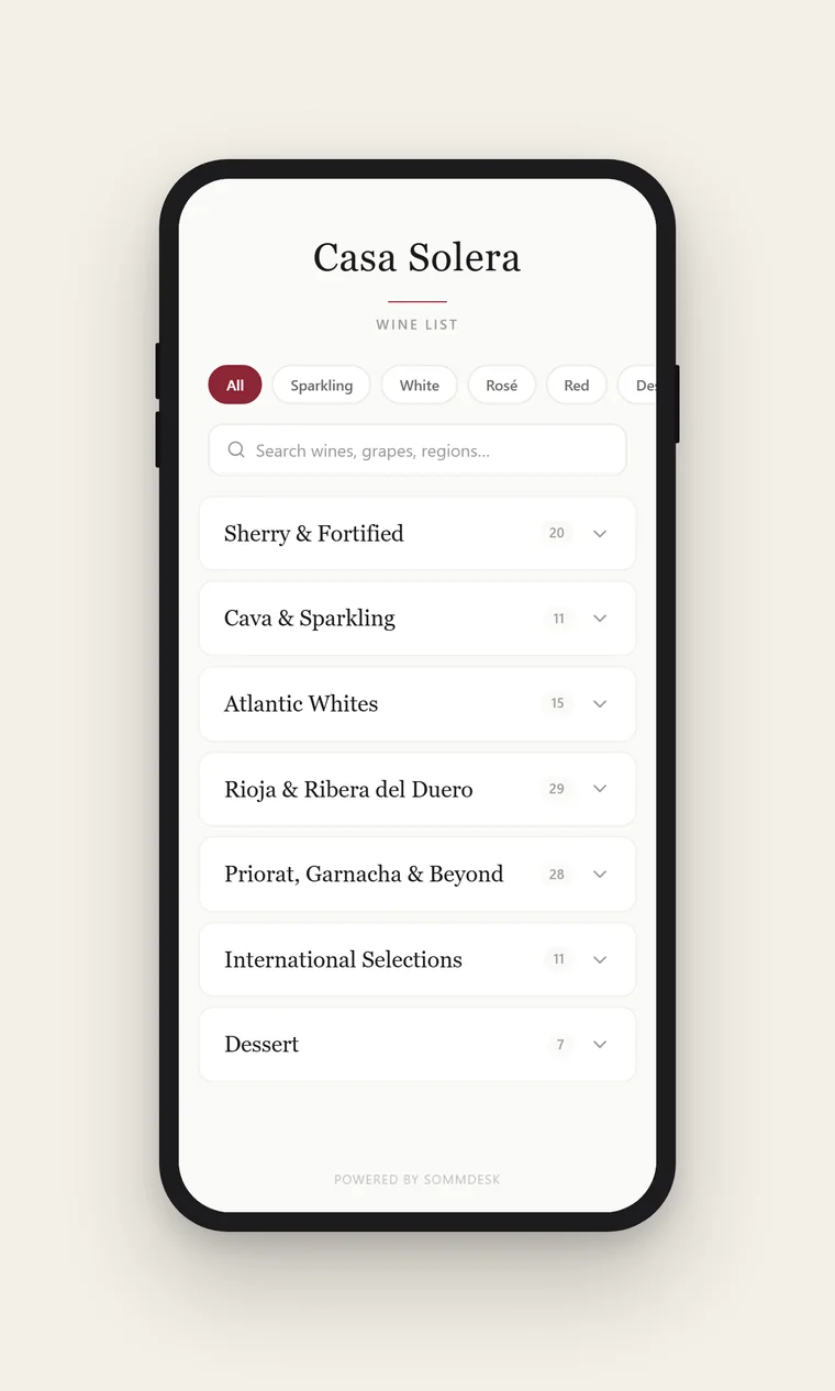 sommdesk digital wine menu displayed on a phone