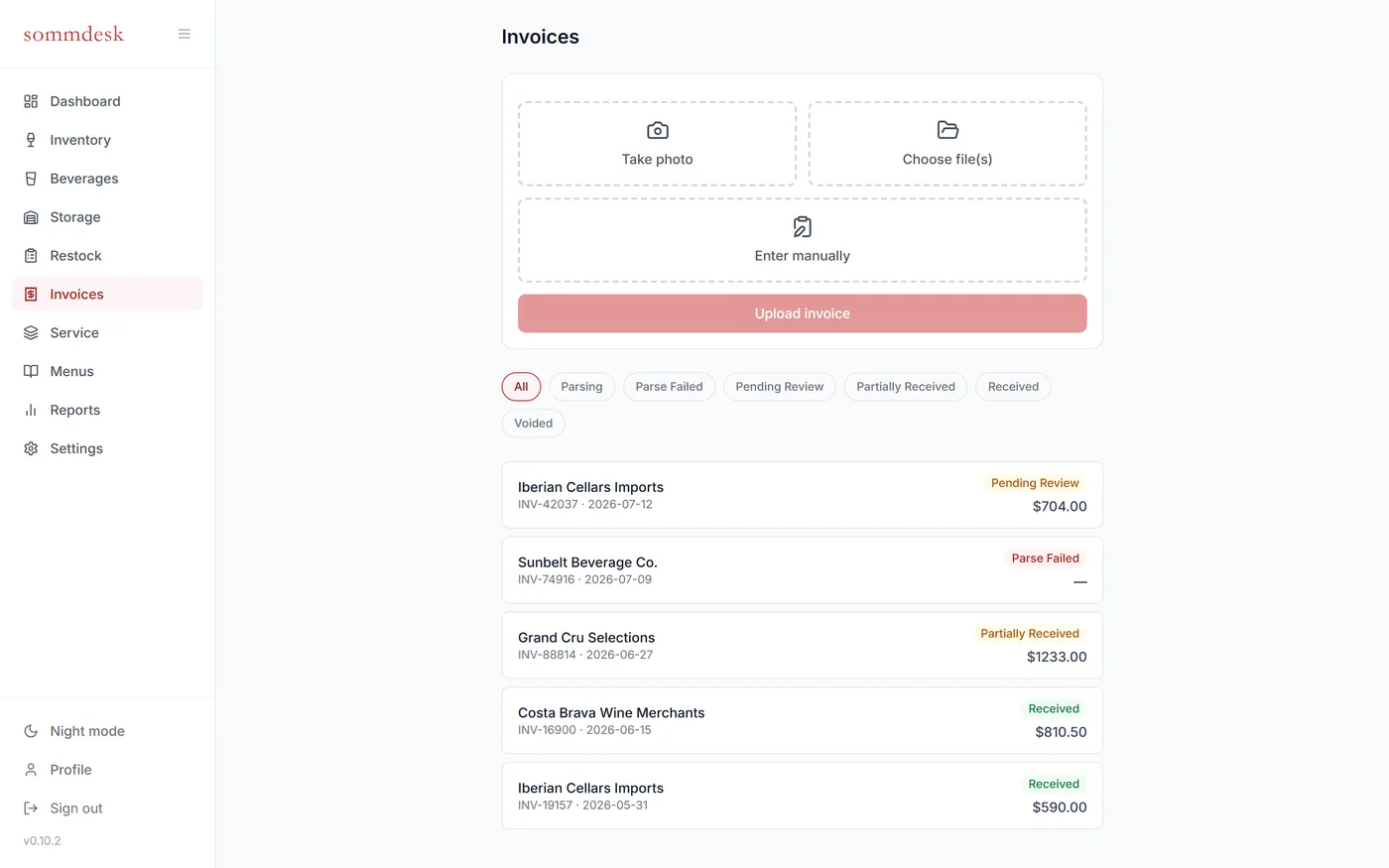sommdesk invoice capture screen