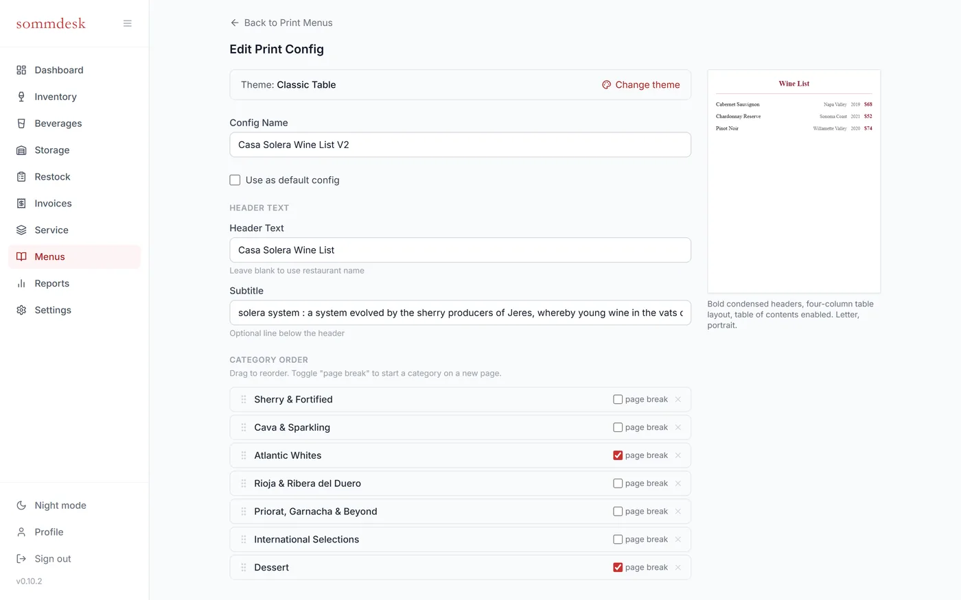 sommdesk print menu designer screen